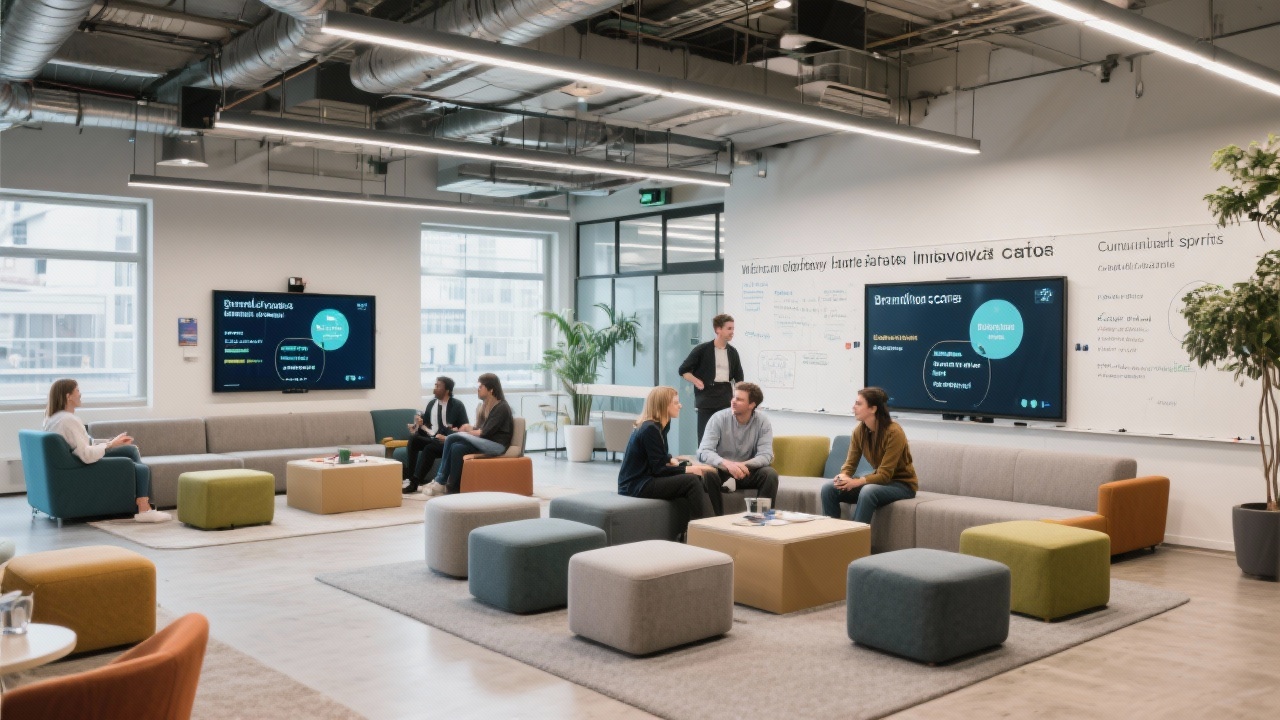 Open lounge area of a Rotterdam innovation campus with digital whiteboards displaying curriculum sprints and learners discussing branding scenarios around modular seating islands.