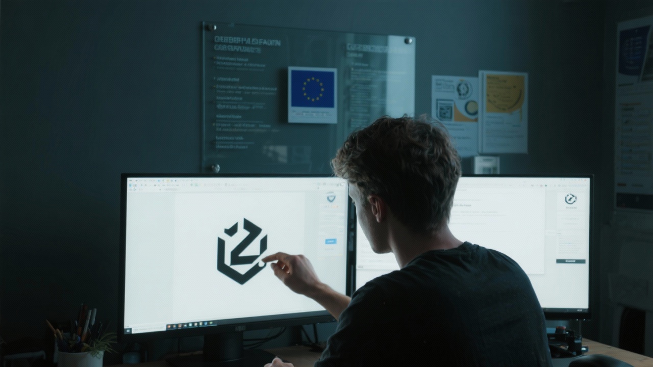 A focused young designer adjusting a vector logo on dual widescreen monitors in a dimly lit Rotterdam studio with European certification guidelines visible on a glass board.