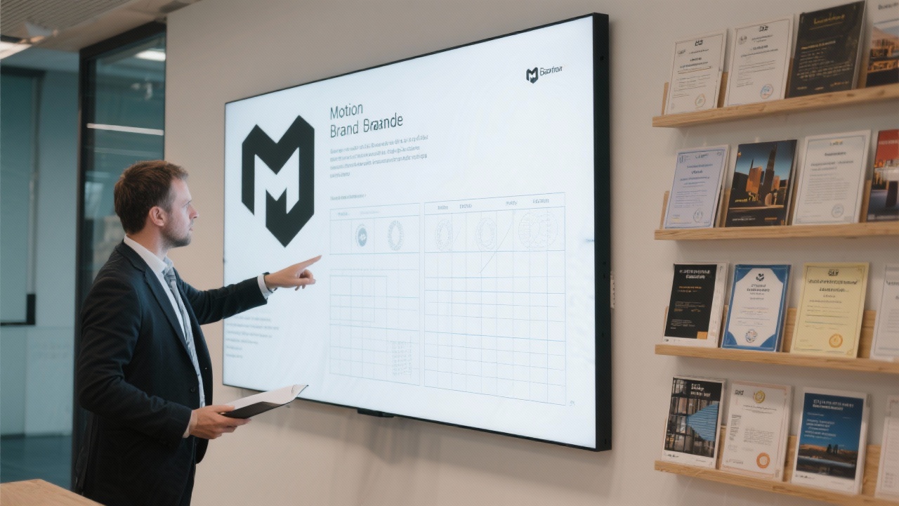 Large wall-mounted display presenting a motion brand case study while a reviewer points at layout grids beside a physical print portfolio filled with certified European projects.